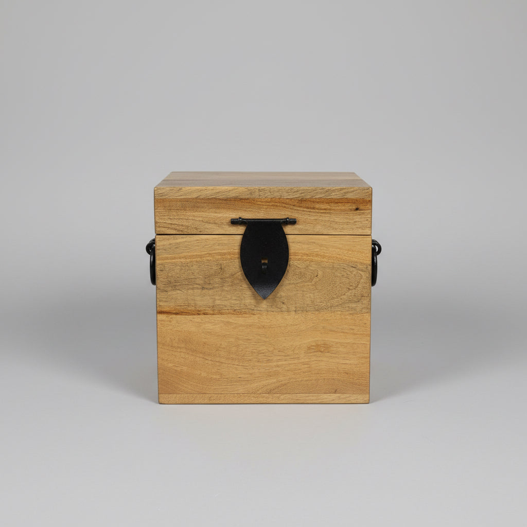 A square wooden storage box with a warm medium-brown finish and black metal hardware, sitting on bubble wrap in a workshop environment.