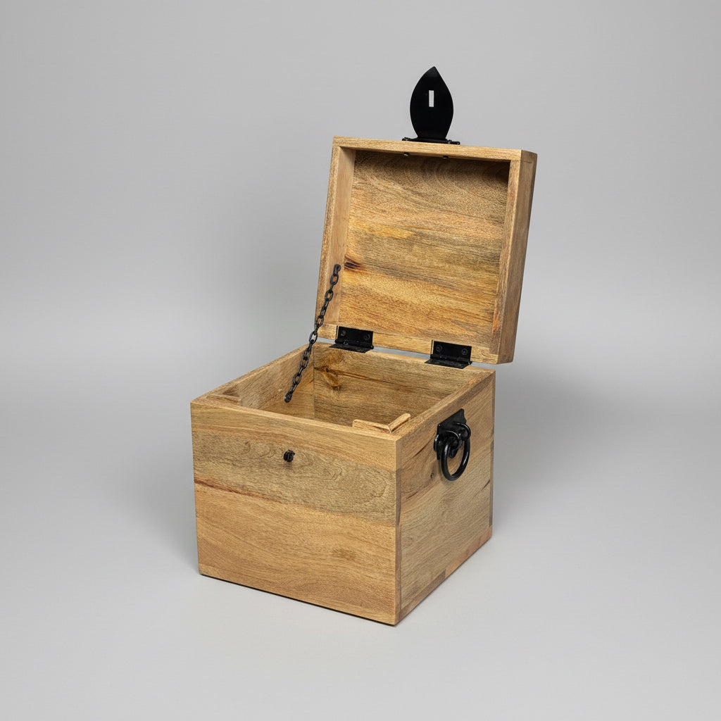 A rustic wooden storage chest with an open hinged lid, black metal latch, and side ring handle, photographed in a warehouse or storage area with bubble wrap and boxes in the background.