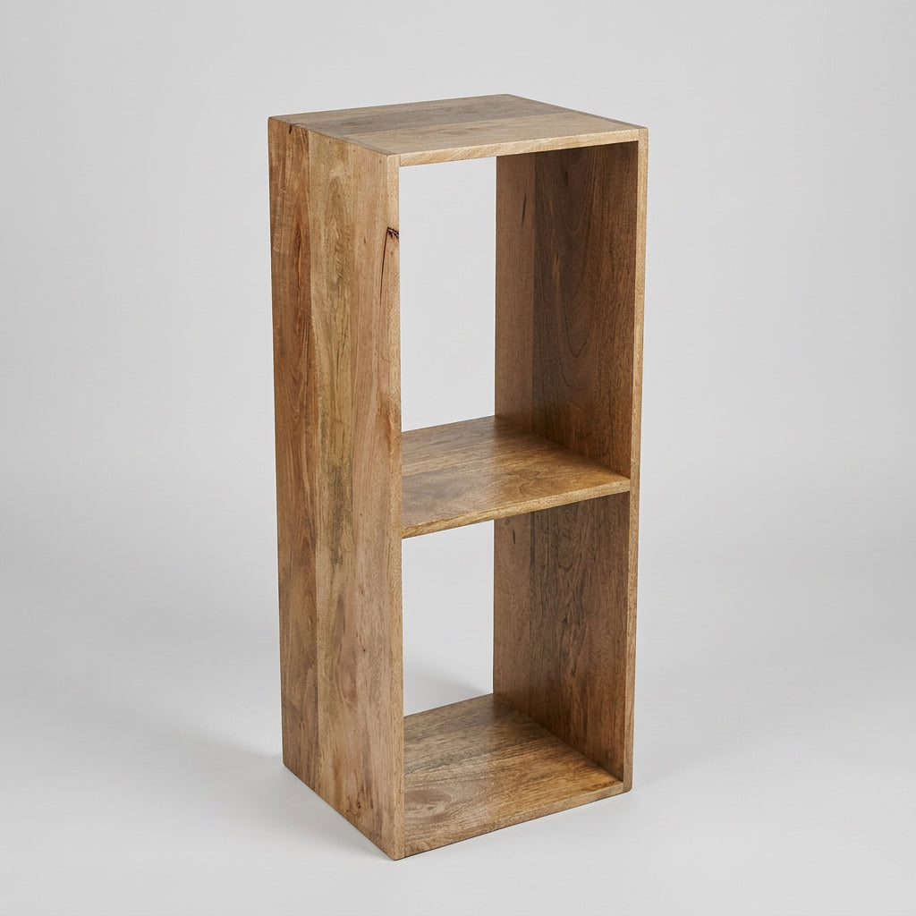 A three-tier wooden shelving unit with a natural oak finish, standing on a concrete floor in a workshop or warehouse setting.