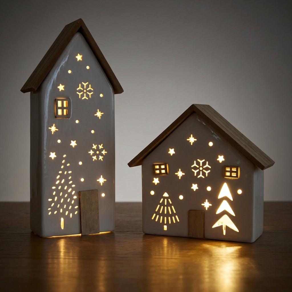 Two small house-shaped LED night lights with warm white glowing cutouts, displayed on a wooden surface against a dark gray background.