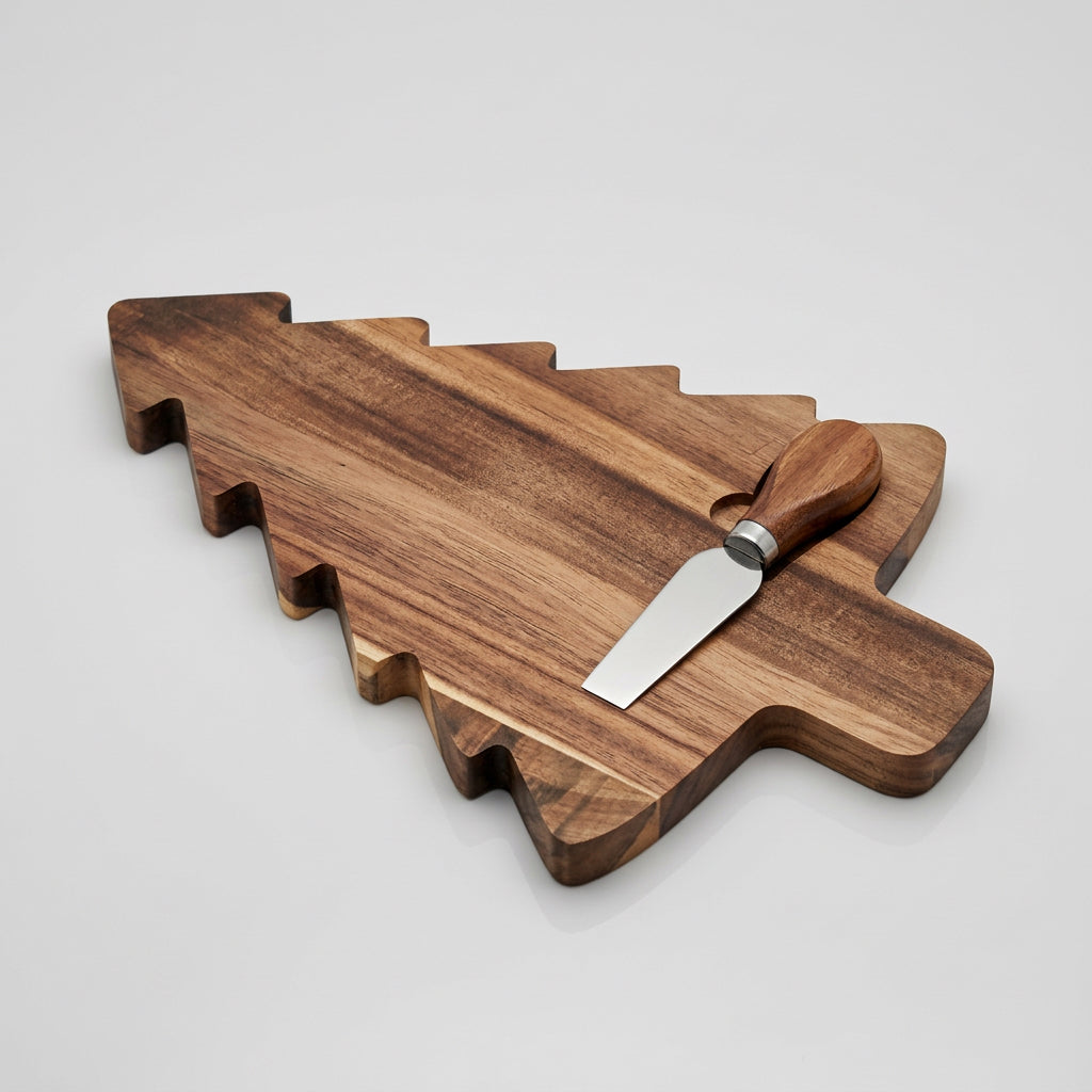 A dark brown wooden cheese board with a matching wooden spatula resting on top, photographed on a rustic wood surface.
