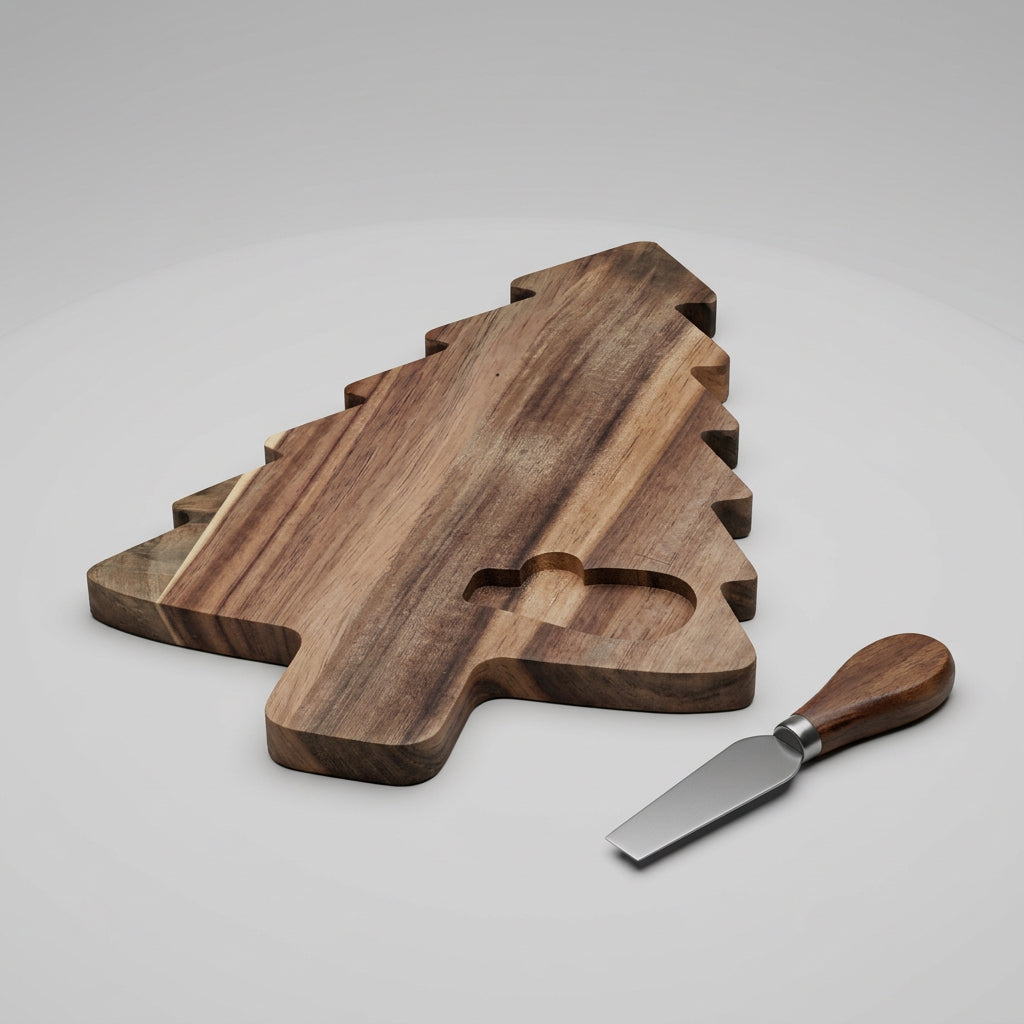A Christmas tree-shaped wooden serving board with a heart-shaped cutout, shown on a rustic wood surface next to a small knife with a wooden handle.