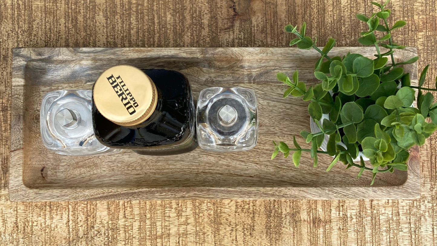 Slim Mango wood condiment tray. Shown from above. 