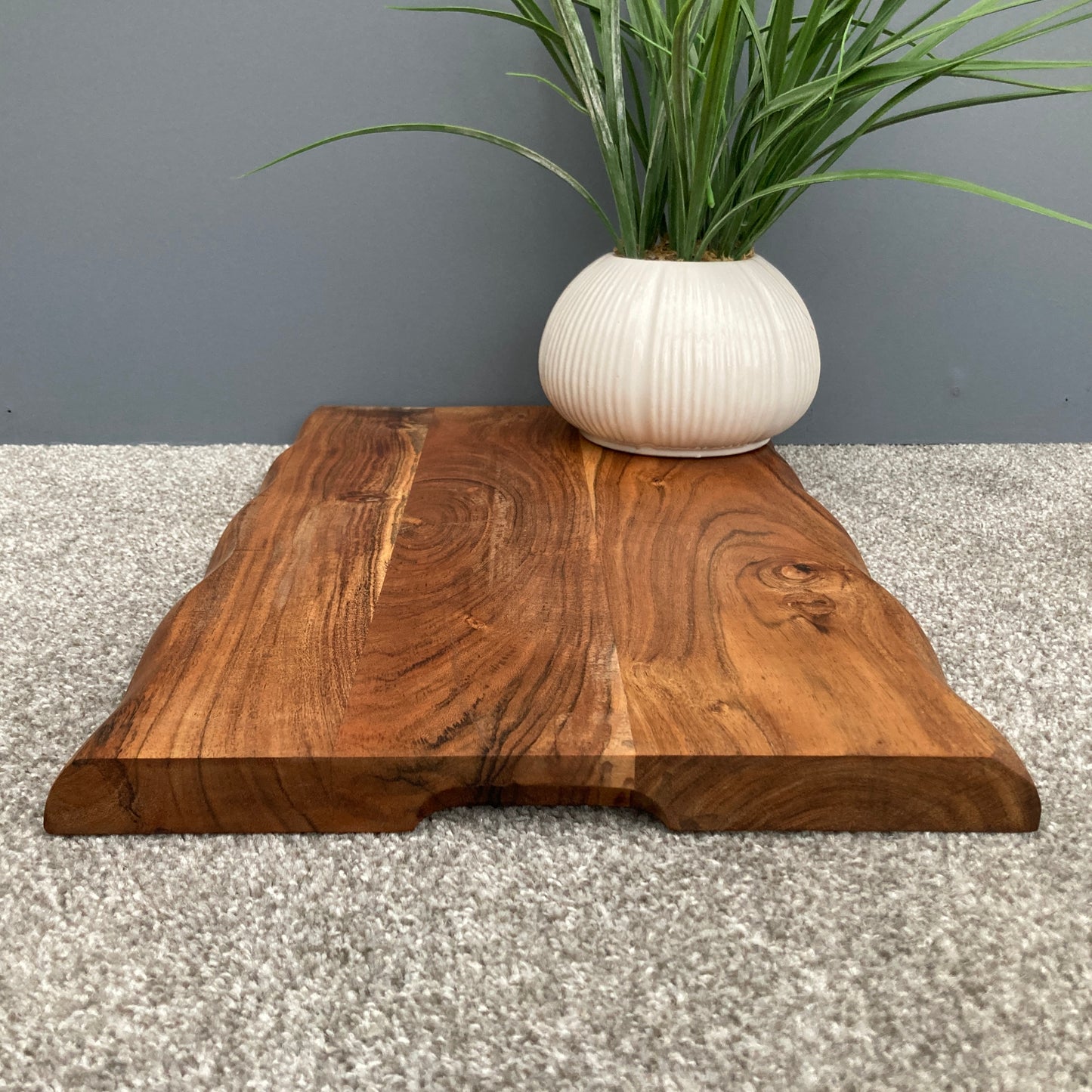 Chunky Acacia wood board with cut out grooves for easy handling 45 x 30cm showing lifting points