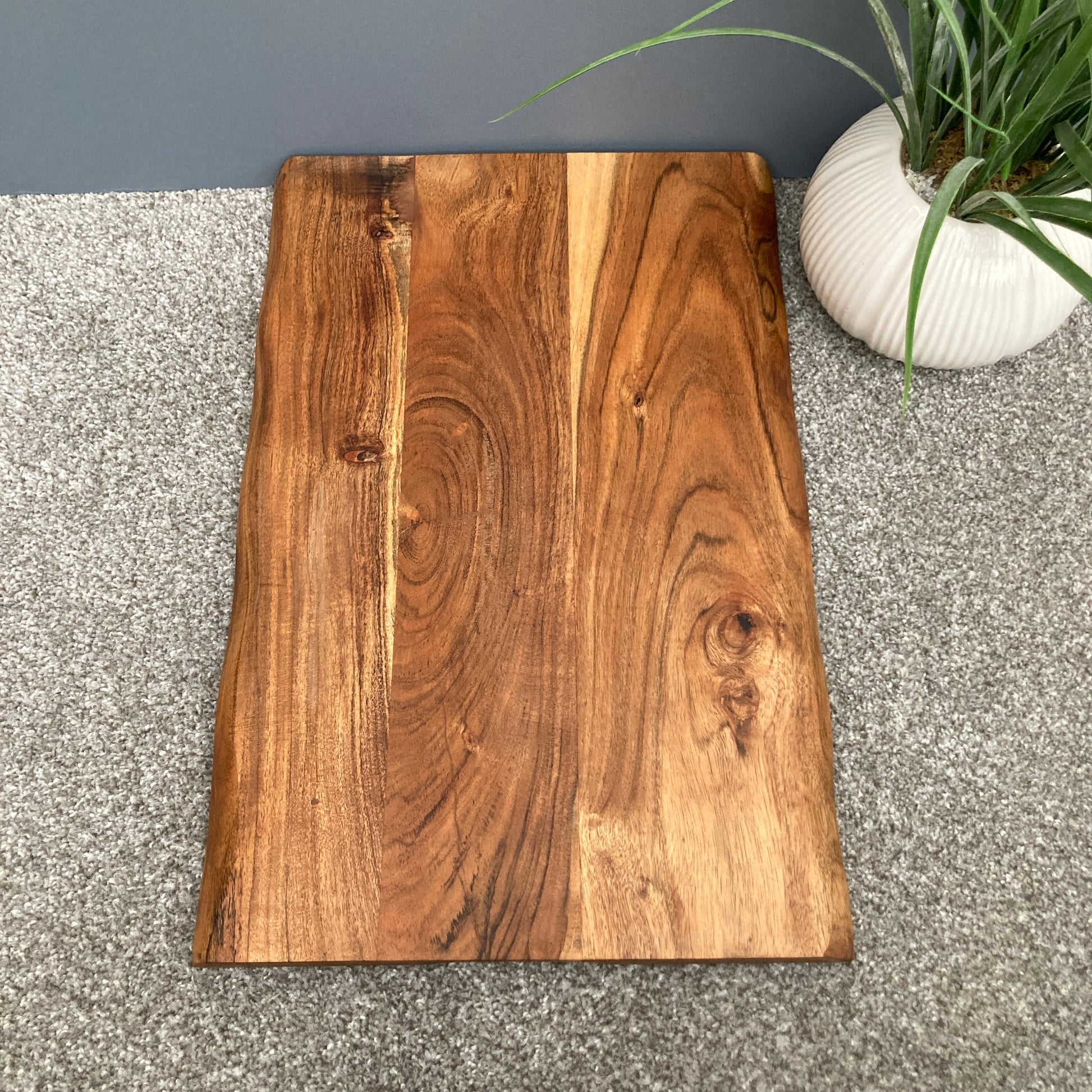 Chunky Acacia wood grazing board with cut out grooves for easy handling 45 x 30cm from above