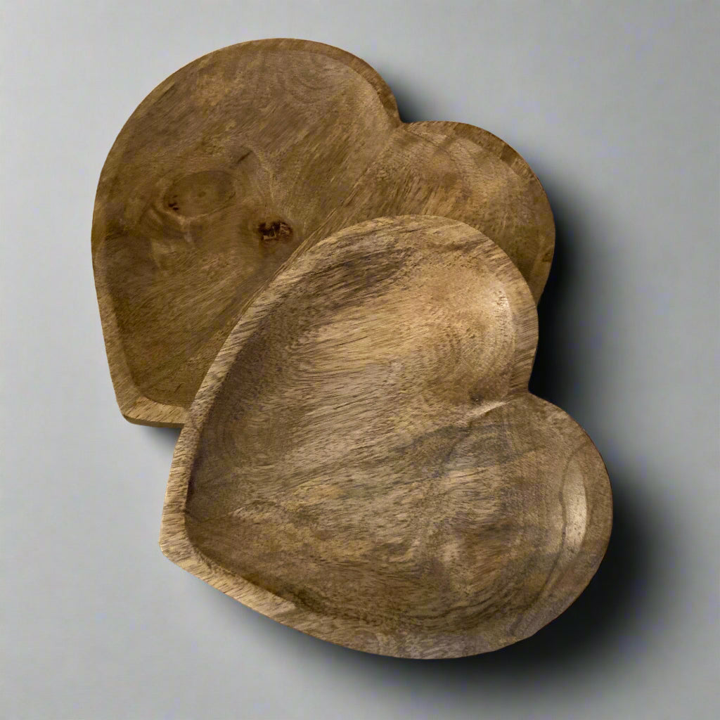 Hand carved solid Mango wood wooden heart dish / bowl overlapping. 