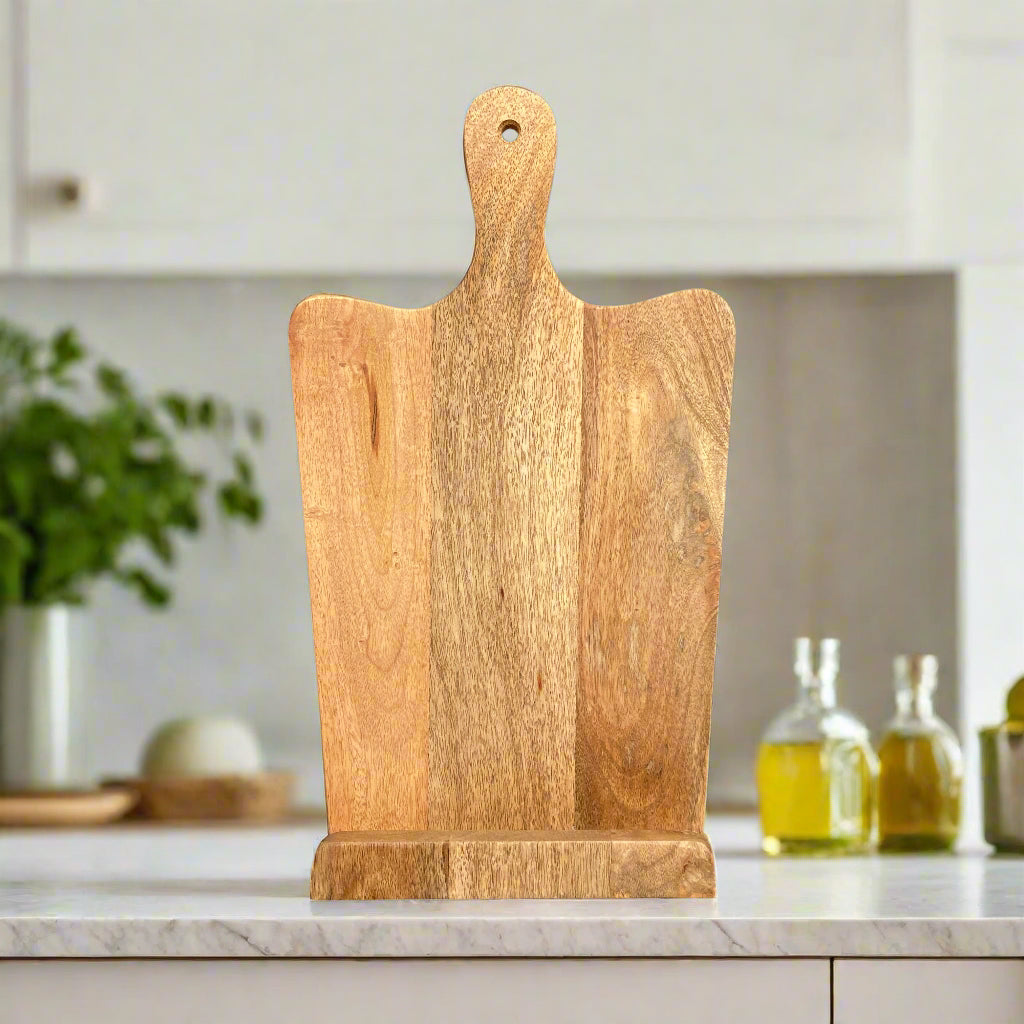 Mango wood recipe stand with handle on worktop