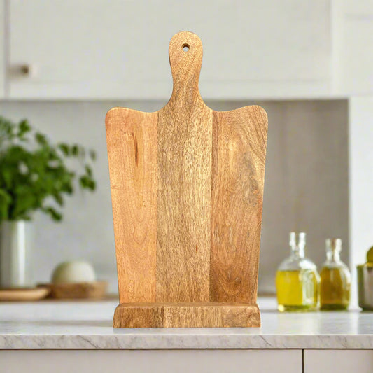 Mango wood recipe stand with handle on worktop