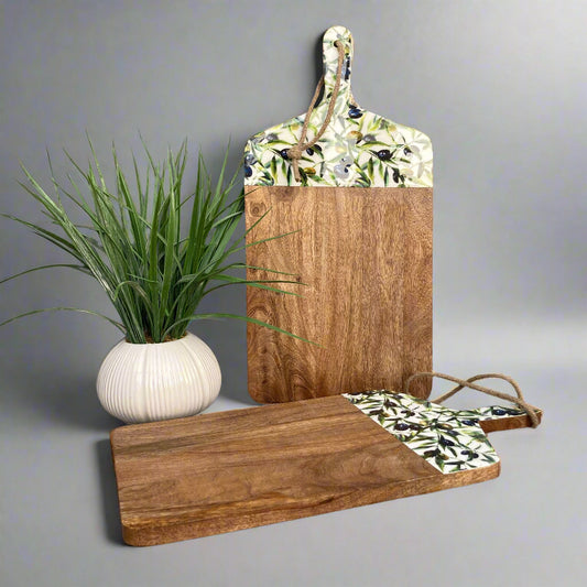 Olive grove design enamelled Mango wood food serving paddle board