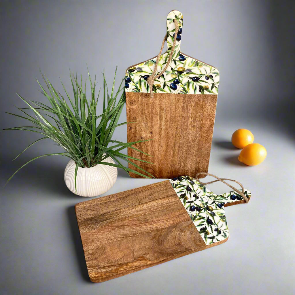 Olive grove design enamelled Mango wood food serving paddle board display