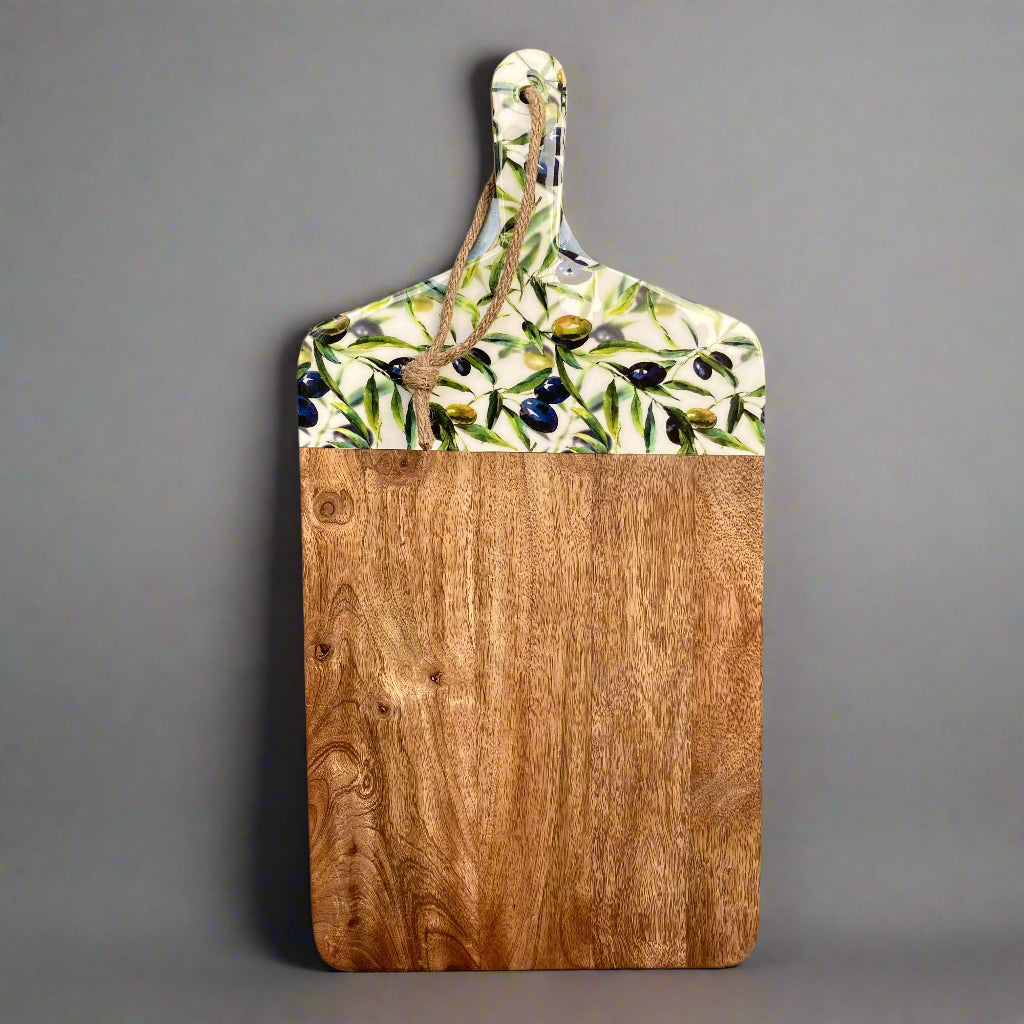 Olive grove design enamelled Mango wood food serving paddle board on grey background