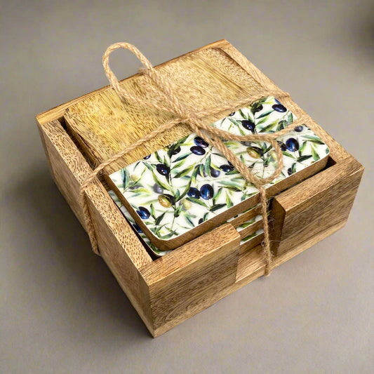Solid 10cm square Olive Grove design Mango wood coasters in a holder - set of 4