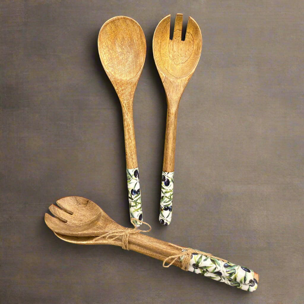 Olive grove design enamelled Mango wood salad servers