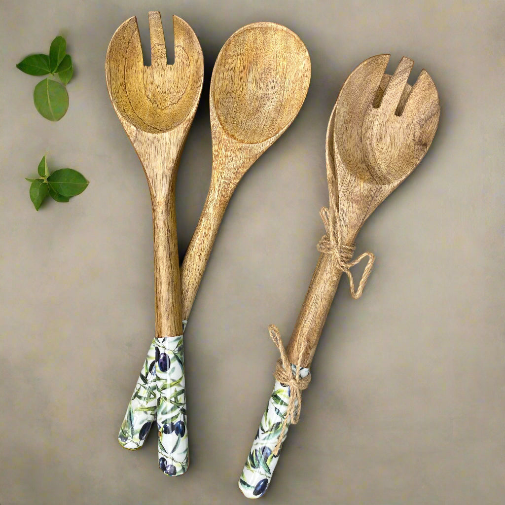 Olive grove design enamelled Mango wood salad servers