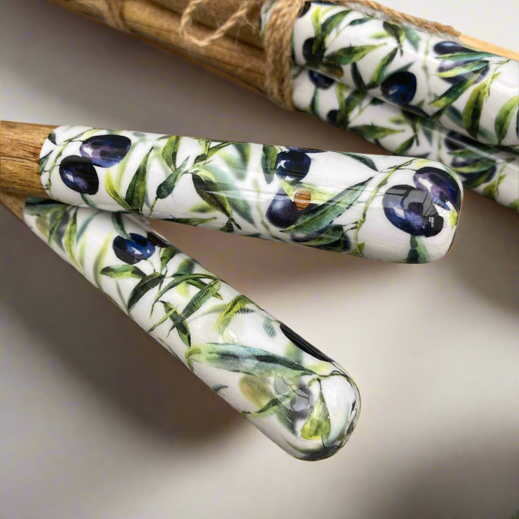 Olive grove design enamelled Mango wood salad servers