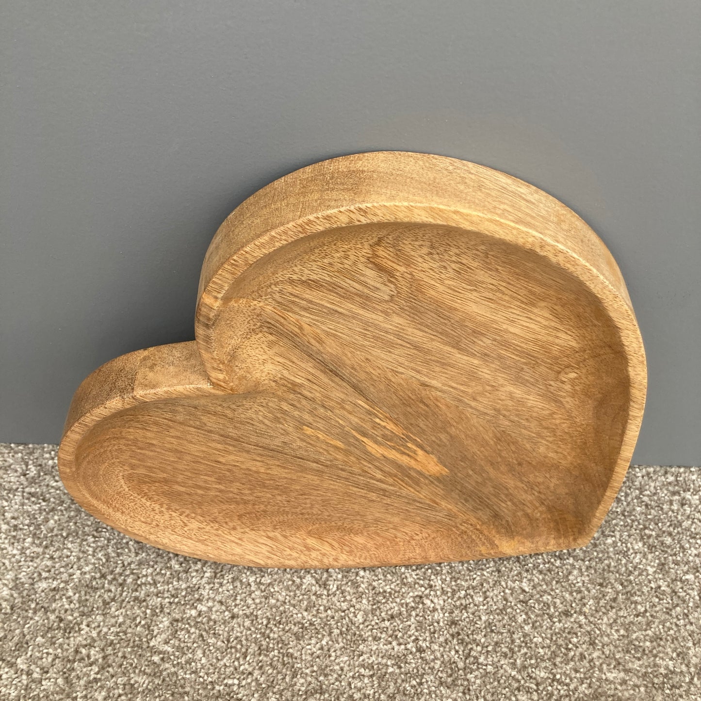 Hand carved solid Mango wood wooden heart dish / board from above