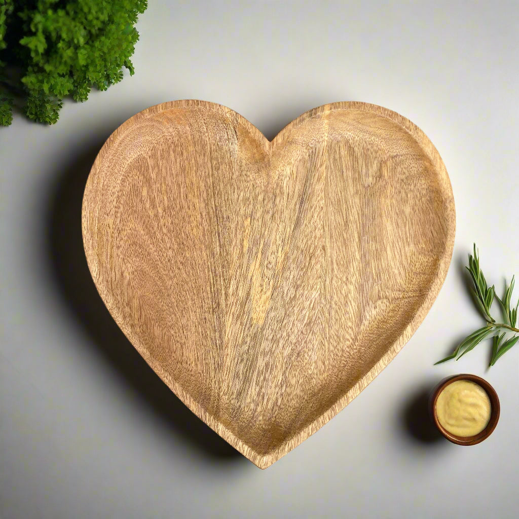 Hand carved solid Mango wood wooden heart dish / board