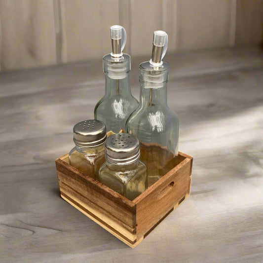 Acacia wood condiment tray. Salt & pepper shakers, oil & vinegar bottles included.