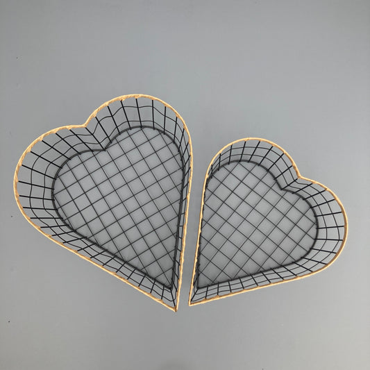 Heart shaped woven metal fruit baskets with raffia edging
