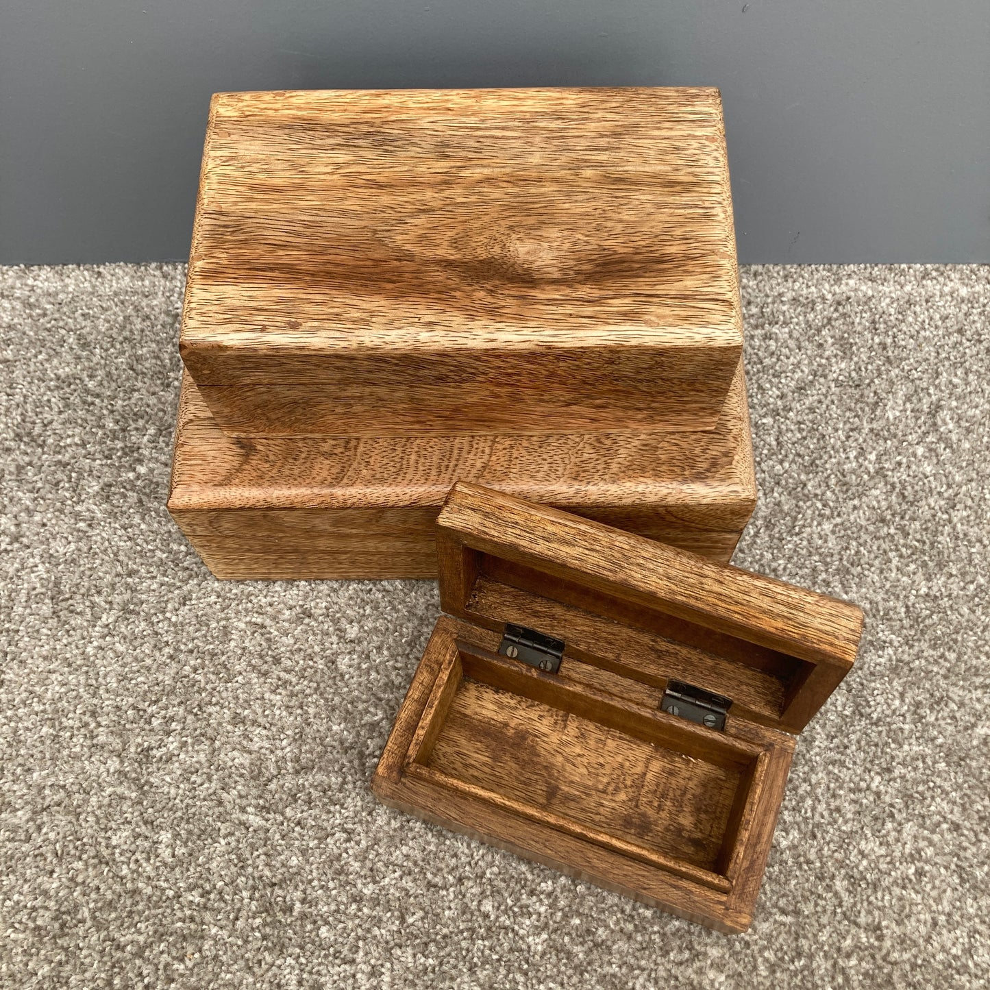 Dark Mango wood rectangular lidded boxes. Small ox open beside the other two boxes.
