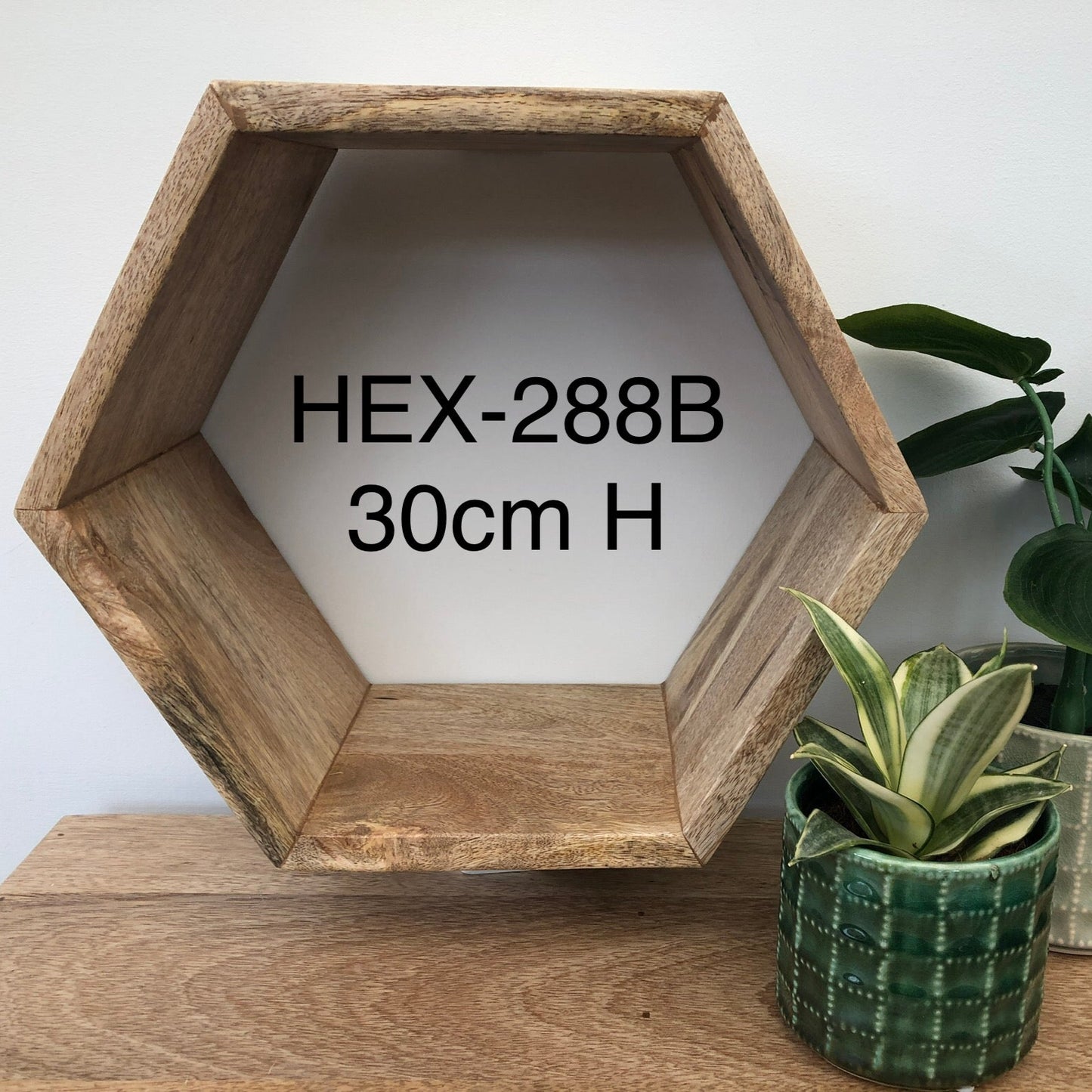 Hexagonal Mango wood floating wall shelf single. Size 2.