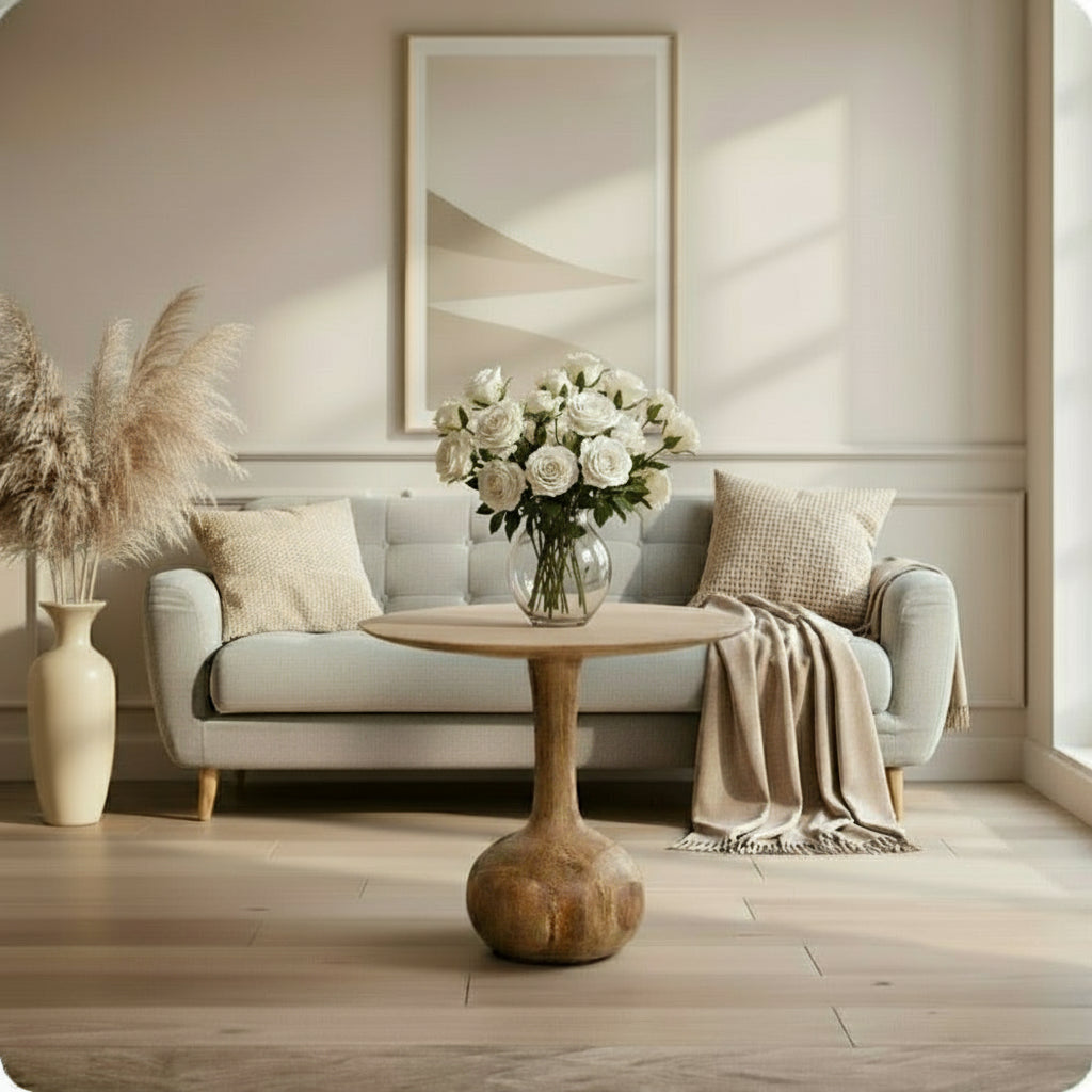 Solid Mango Wood Round Table with Pedestal front of a sofa 