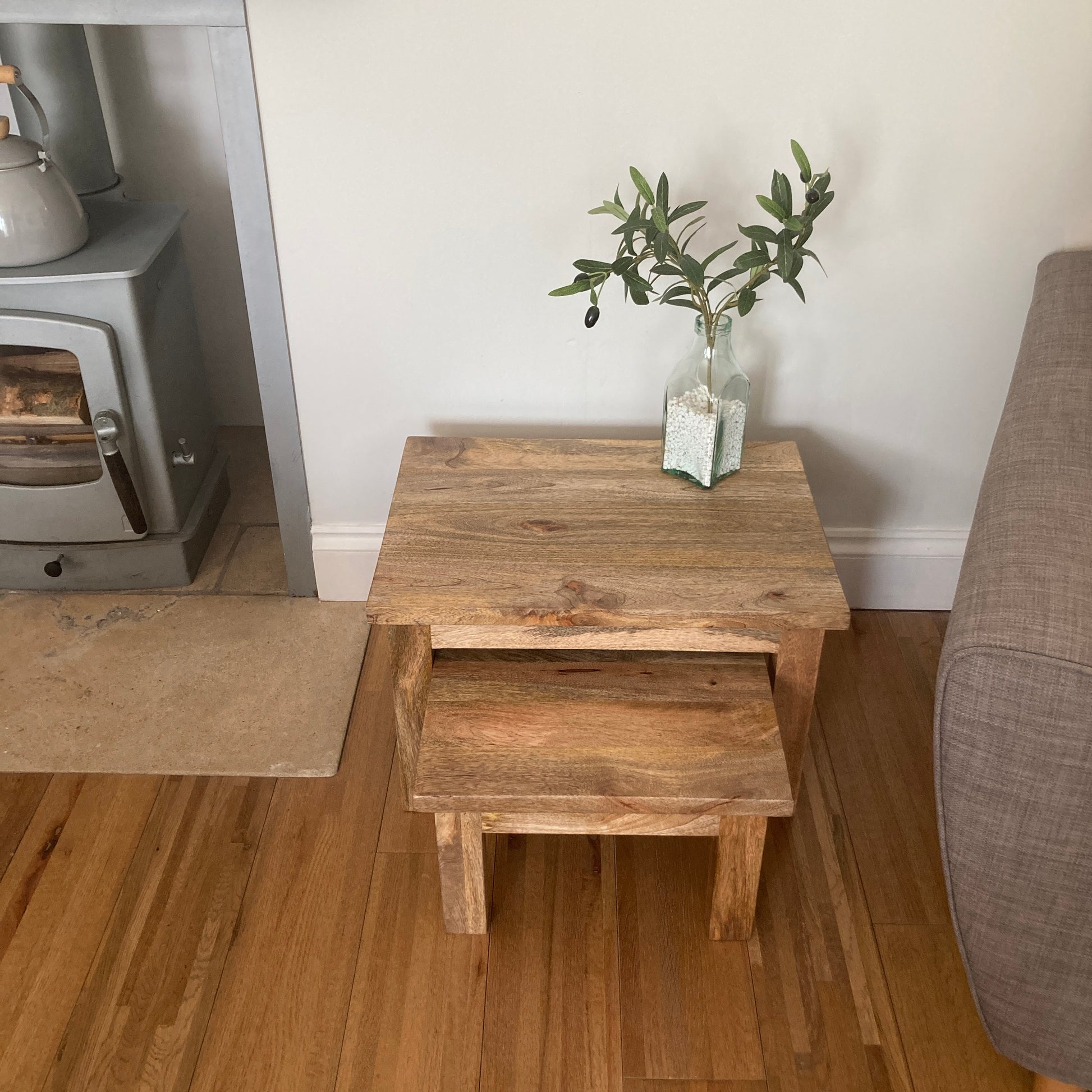 Pair of square finish Mango wood coffee tables top view