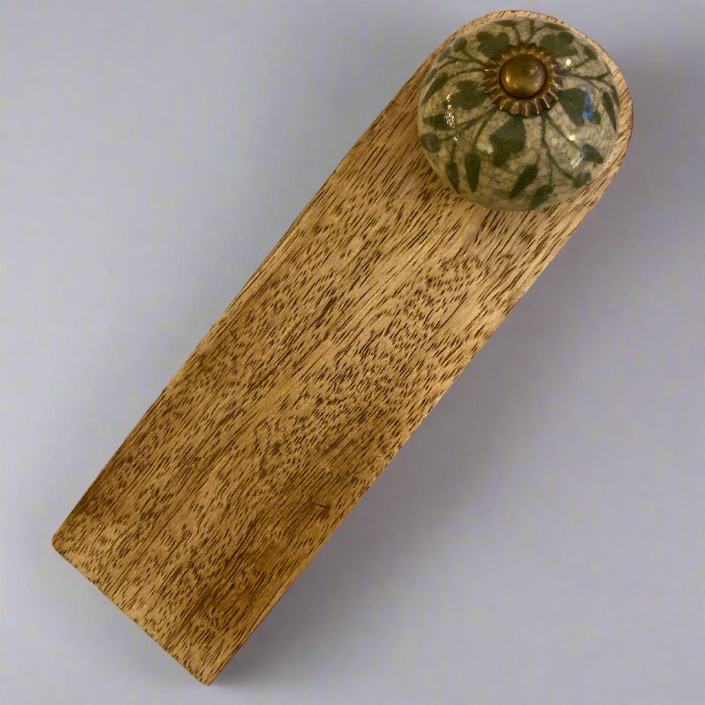 Mango wood door stop wedge with ceramic knob (Green variety) - design C