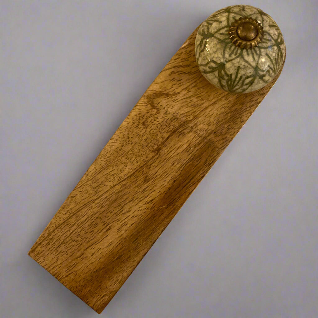 Mango wood door stop wedge with ceramic knob (Green variety) - design D