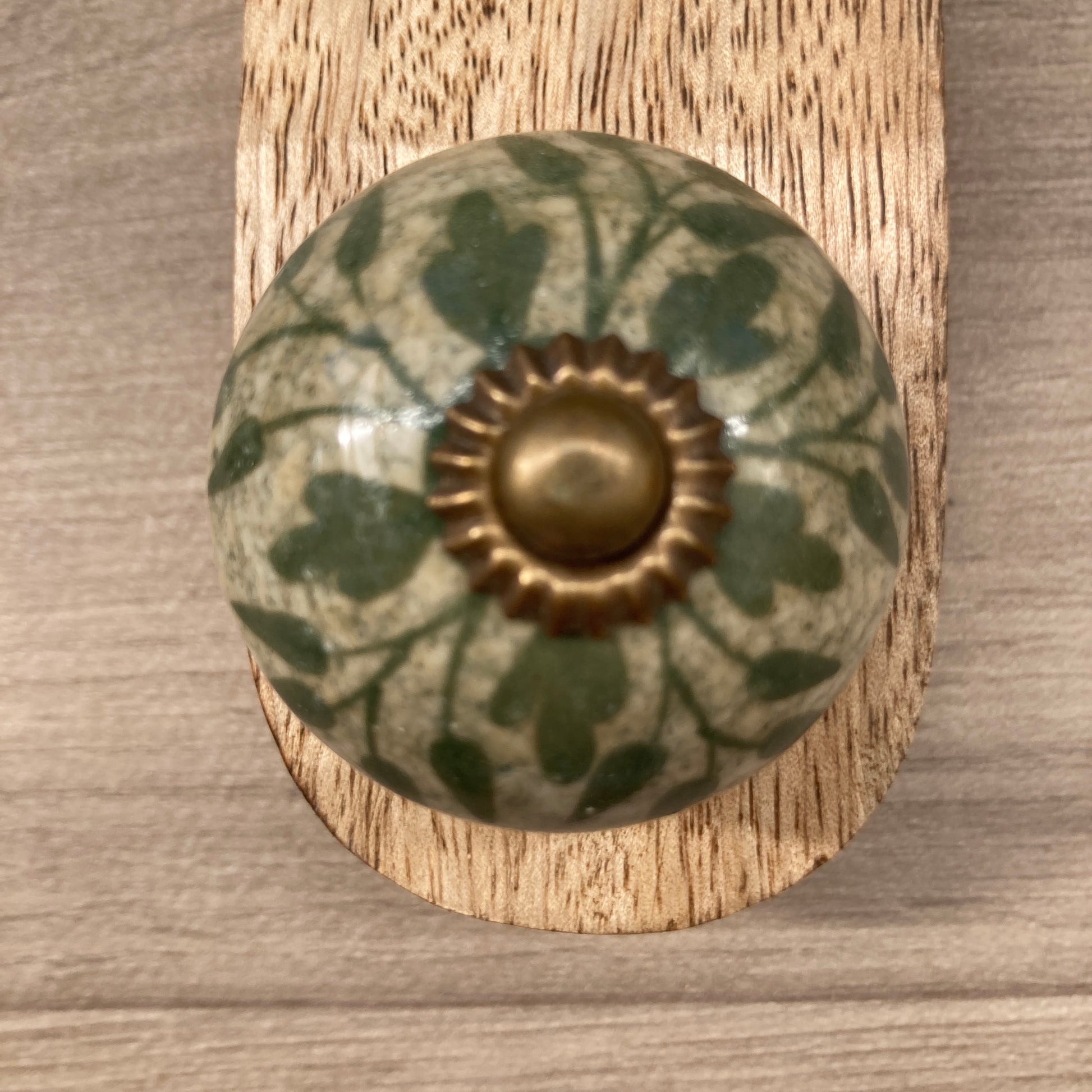 Mango wood door stop wedge with ceramic knob (Green variety) - close up of design C