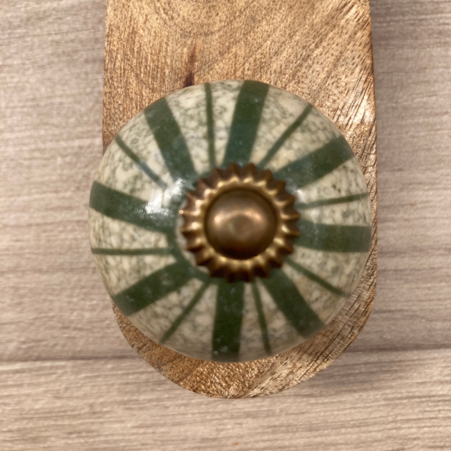 Mango wood door stop wedge with ceramic knob (Green variety) - close up of design B