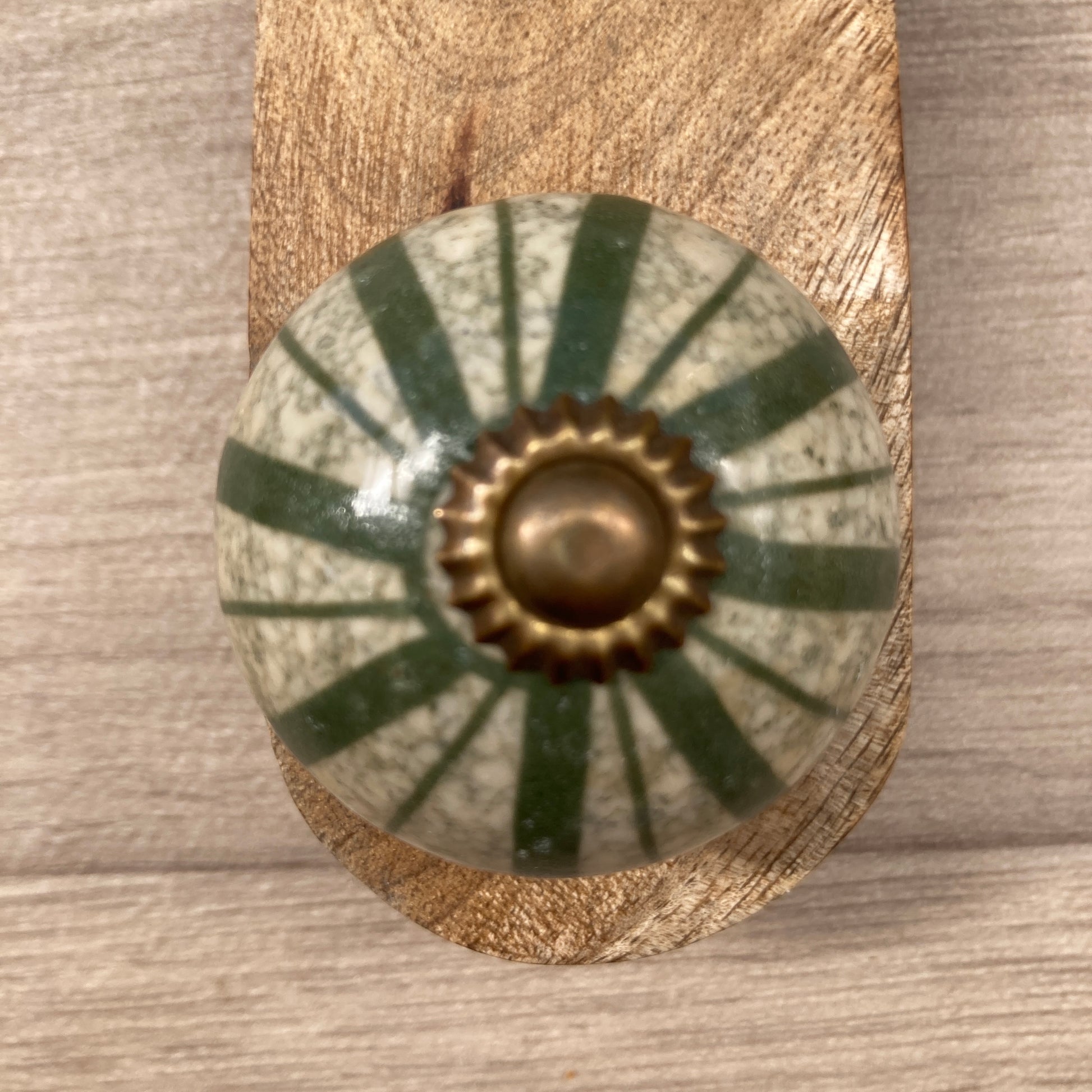 Mango wood door stop wedge with ceramic knob (Green variety) - close up of design B