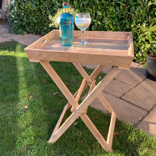 Sloping edge butler tray on foldable stand - Mango wood