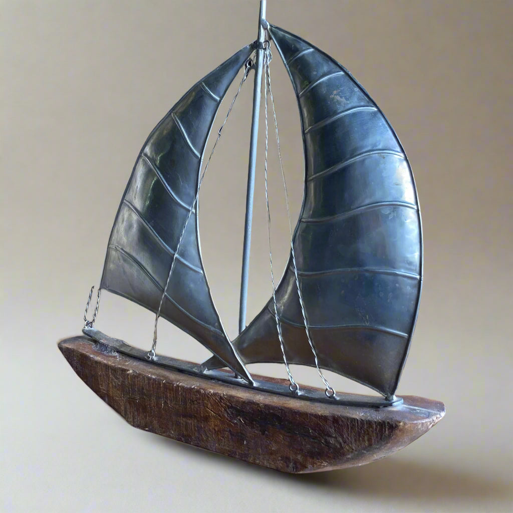 Large reclaimed rustic wood yachts with metal sail - double sail design - side on