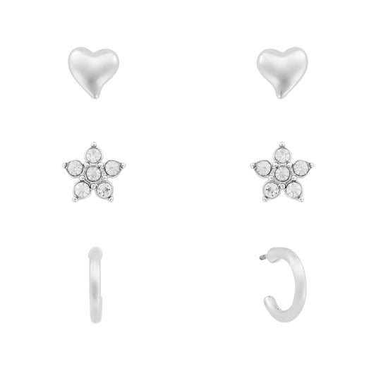 Rhodium crystal flower, heart & loop trio stud earrings - ITE0568