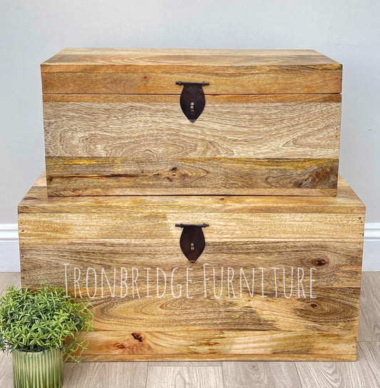 Wooden storage trunks with 'Ironbridge Furniture' branding on a light wooden floor.