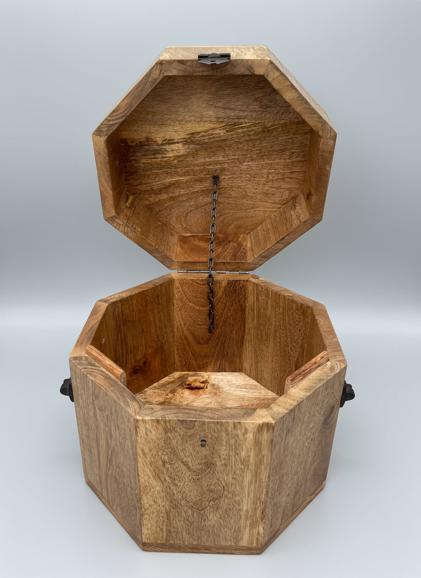 Mango wood octagonal treasure chest small version with lid open