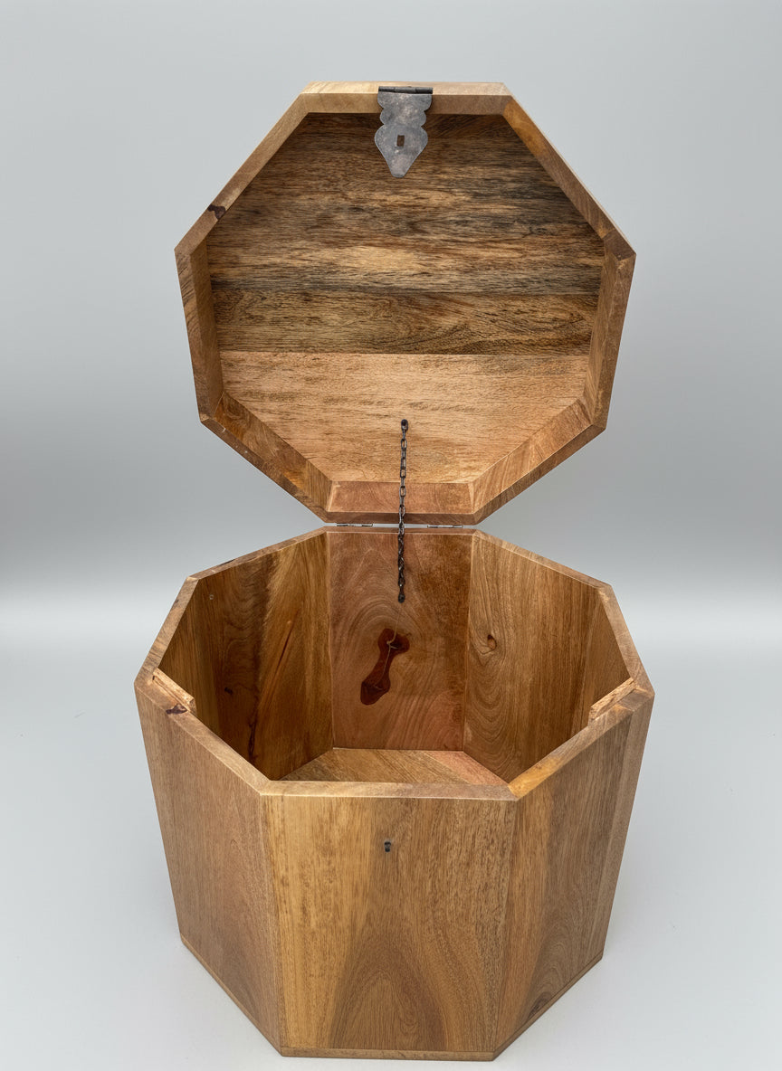 Mango wood octagonal treasure chest medium with lid open