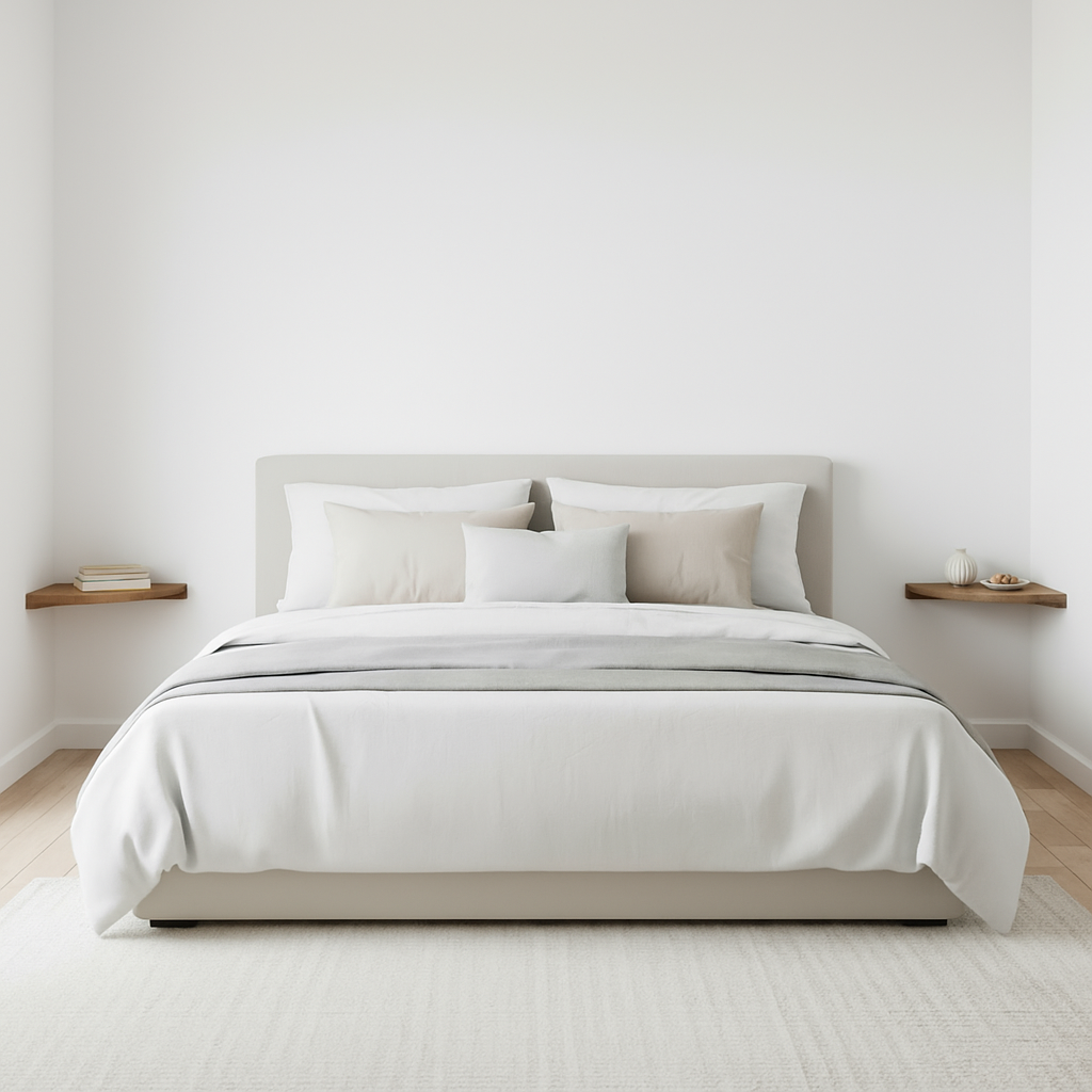Neatly made bed with white bedding in a minimalistic bedroom.