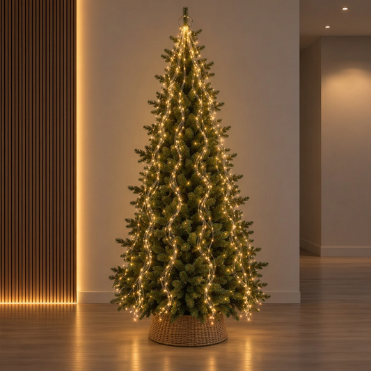 A tall artificial Christmas tree with warm white string lights draped through the branches, standing in a woven base inside a modern room with warm ambient lighting.