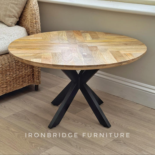 MANT-404/5 Coffee table with parquet top 60 or 80cm round with black metal legs
