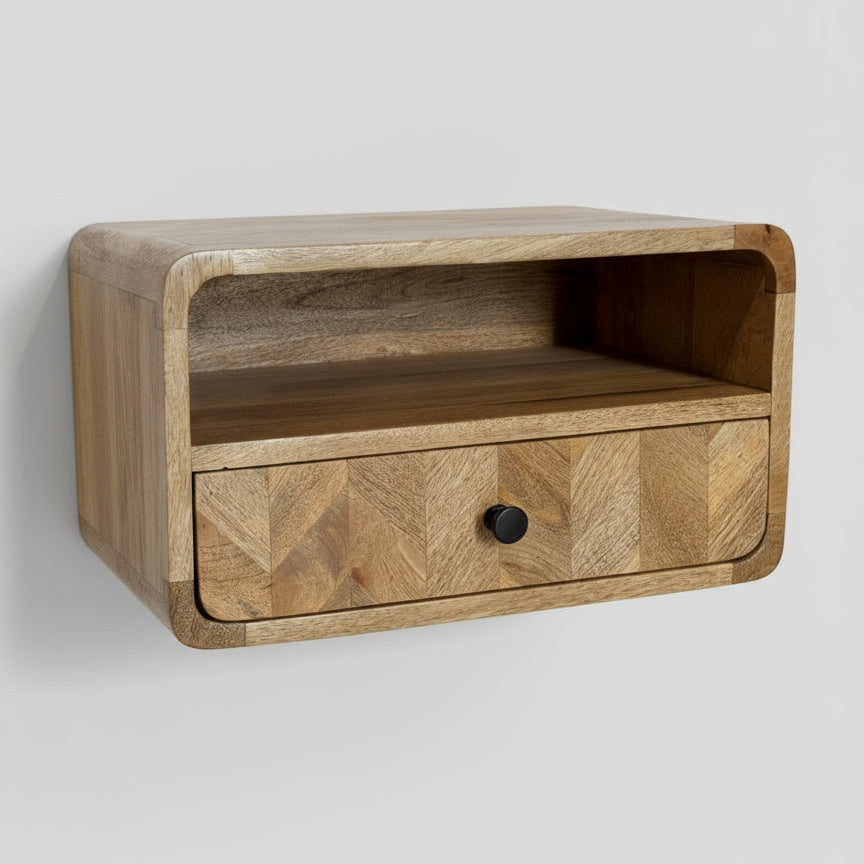 Wooden wall-mounted shelf with a drawer on a white background