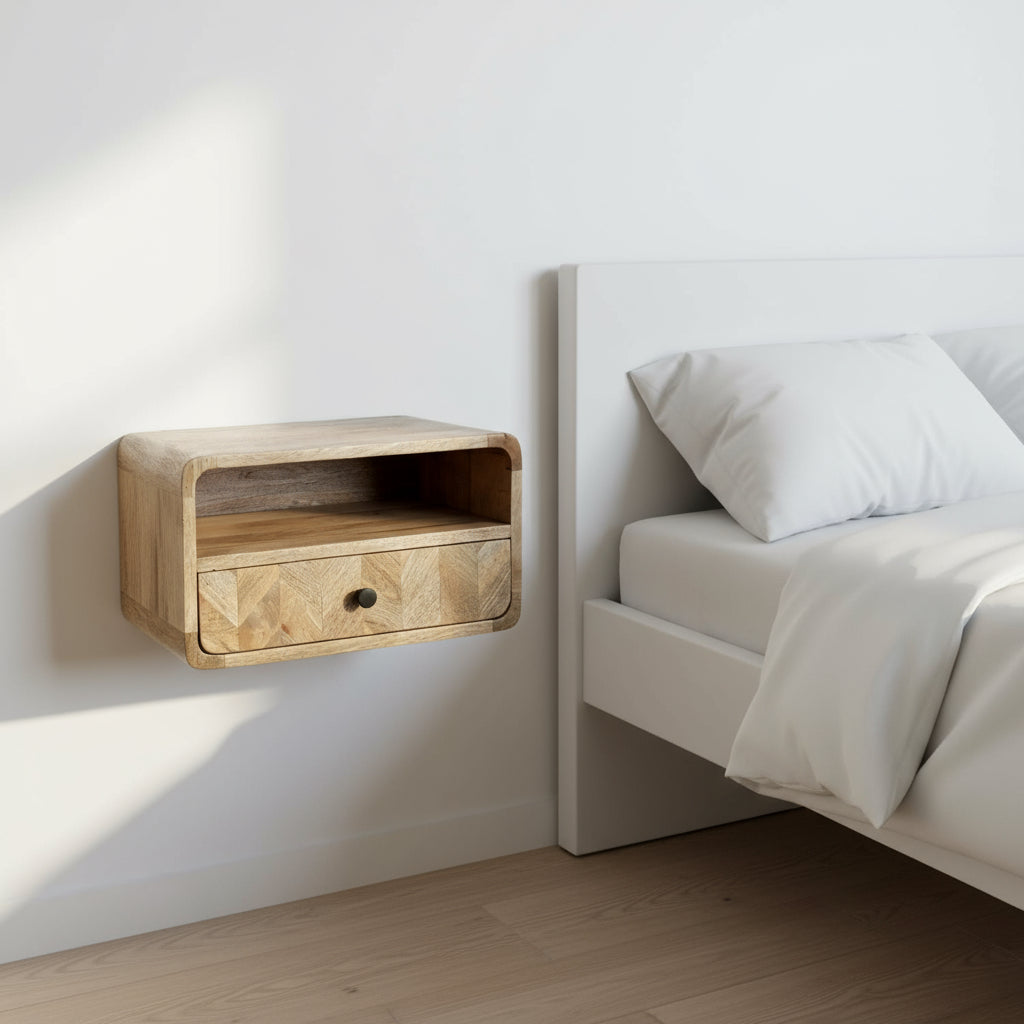 Wooden wall-mounted cabinet with a drawer on a white wall