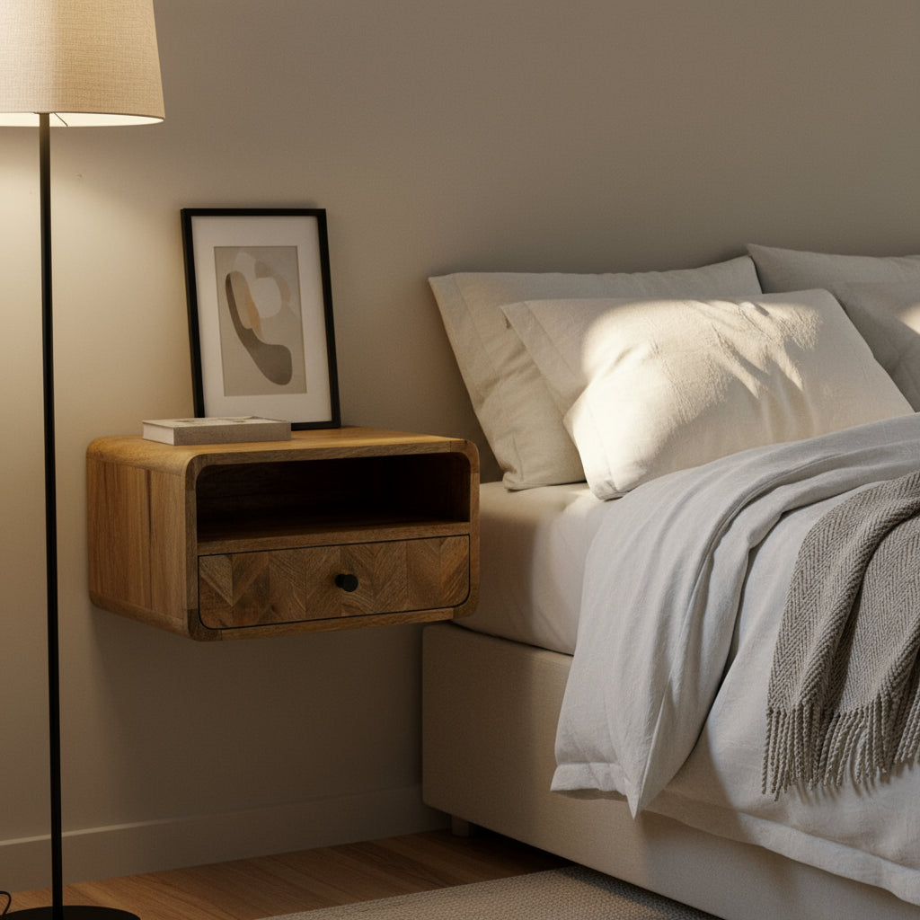 Wooden shelf with a drawer on a white background
