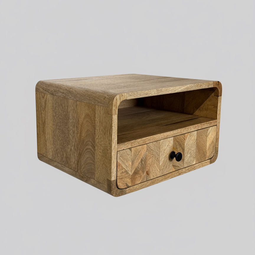 Wooden wall-mounted cabinet with a drawer against a plain wall.