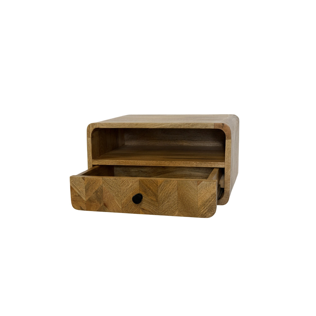 Wooden shelf with a drawer on a white background