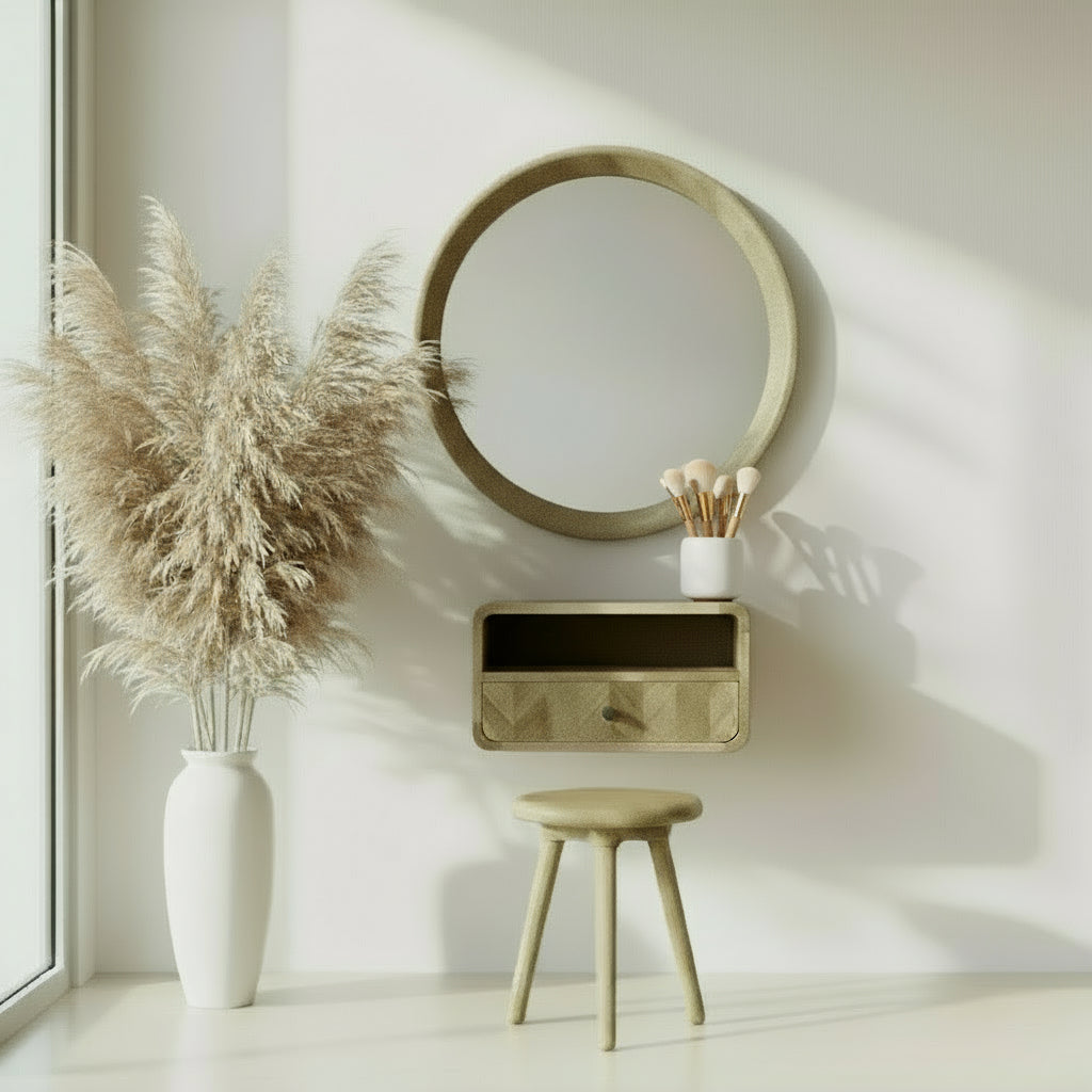 Wooden wall-mounted cabinet with a drawer against a white wall.
