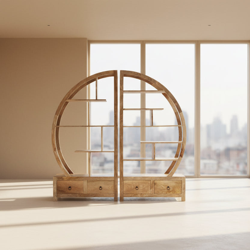 Wooden circular shelf against a yellow wall