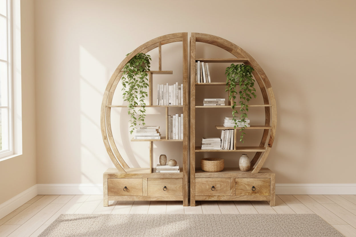 Wooden circular shelf against a yellow wall