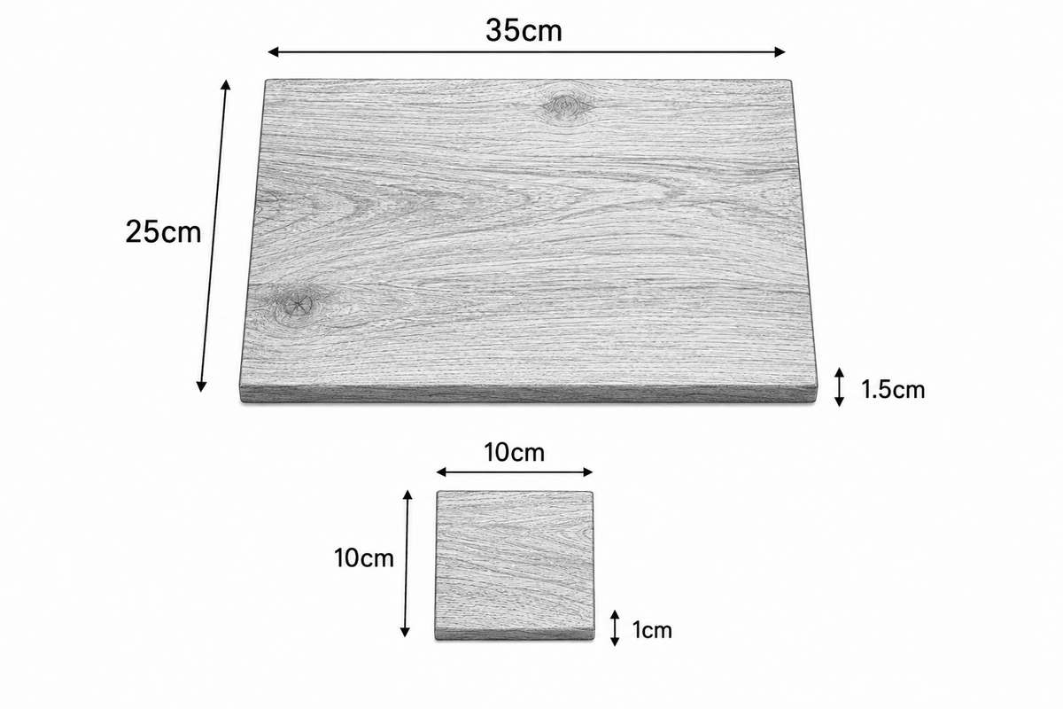Wooden board dimensions diagram showing a large rectangular board labeled 35cm by 25cm by 1.5cm, and a smaller square board labeled 10cm by 10cm by 1cm, both with a light gray wood grain finish on a white background.
